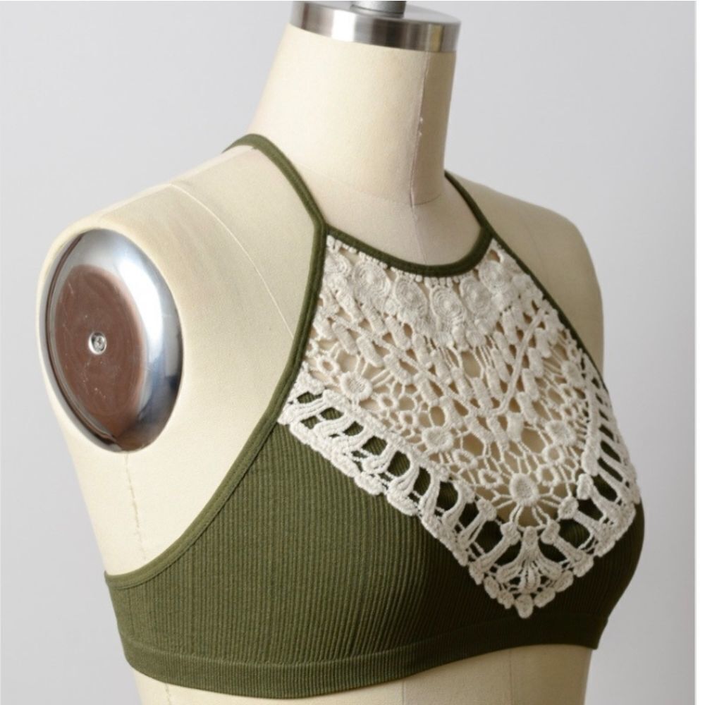 Brand new crochet olive green & mocha bralettes